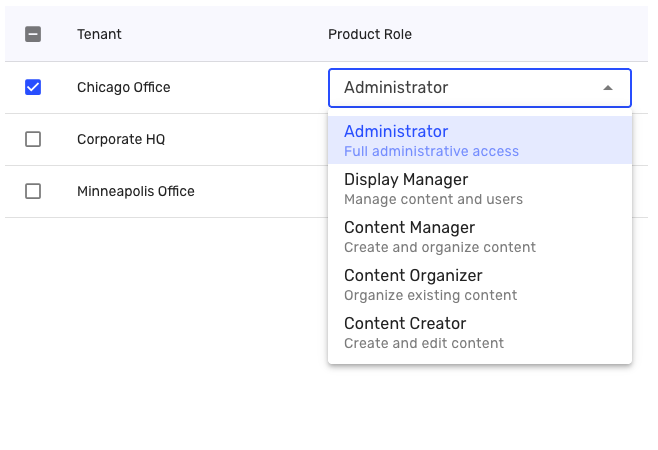 Chicago Office selected with Administrator role and options for other roles displayed.